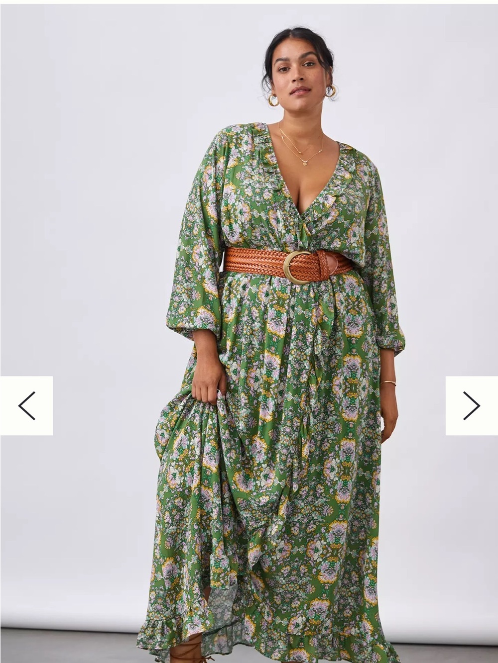 Anthropologie Green Floral Maxi Dress with V-Neck
